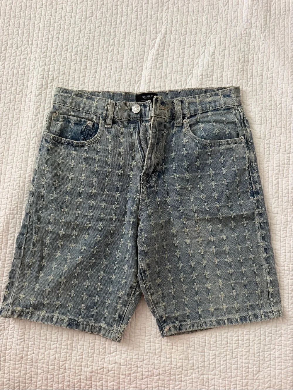 Forever 21 Light Blue Distressed Cross-Pattern Denim Shorts